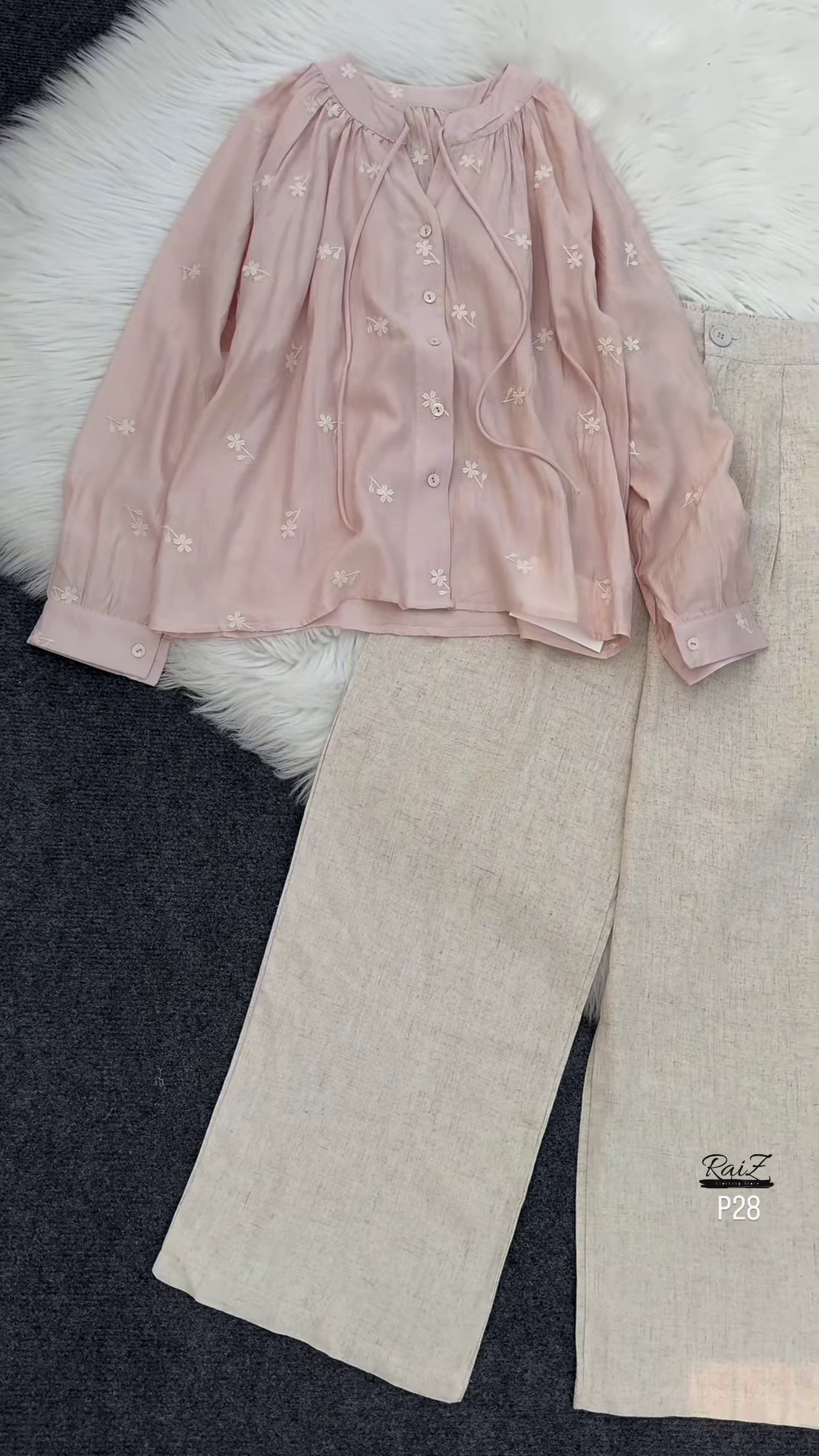 ๐ Elegant Beige Embroidered Drawstring Blouse & Wide-Leg Pants Set ๐ฟ