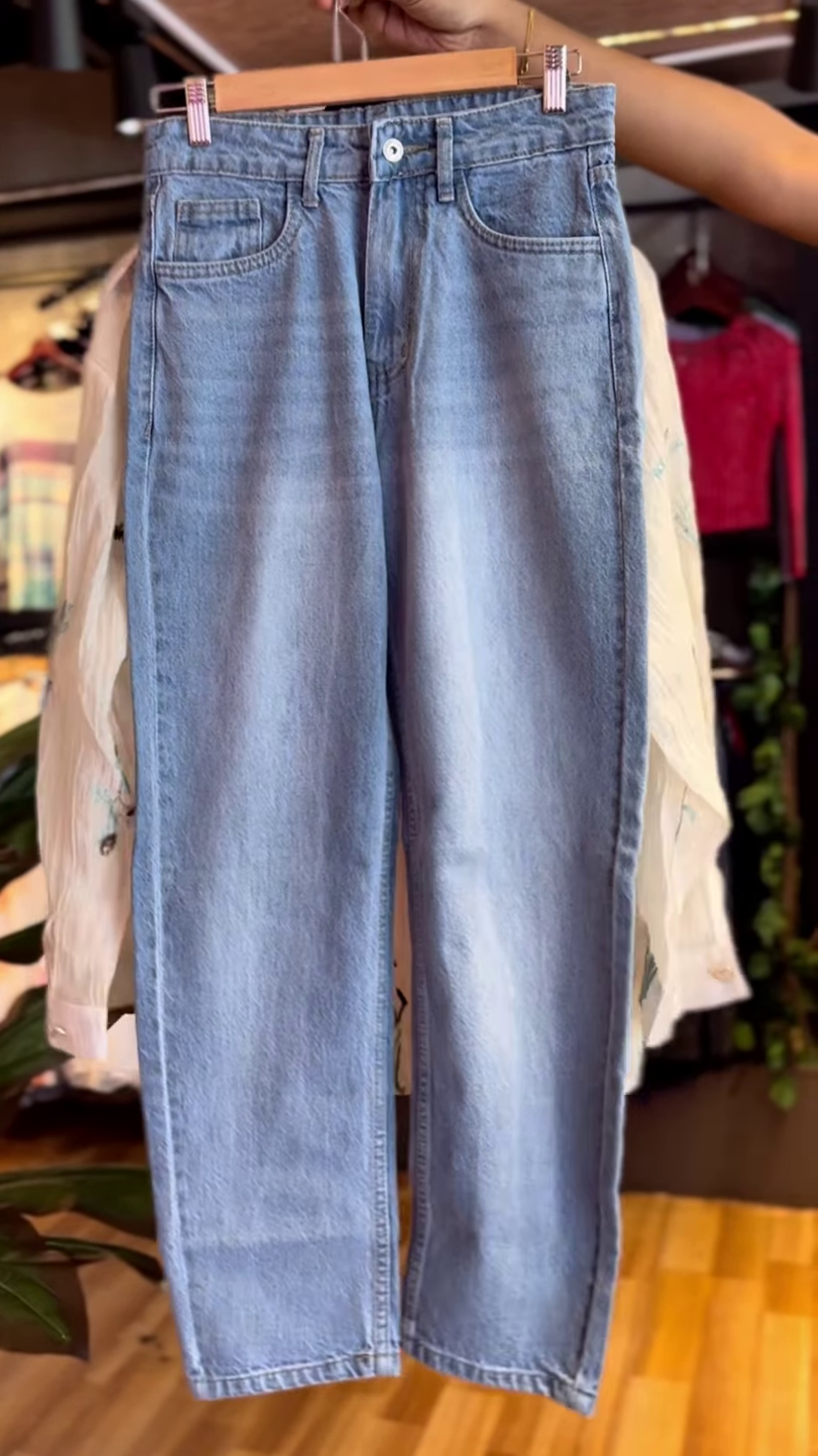 ๐ธ Delicate White Sheer Floral Embroidered Oversized Shirt, Brown Top & Blue Jeans Ensemble ๐