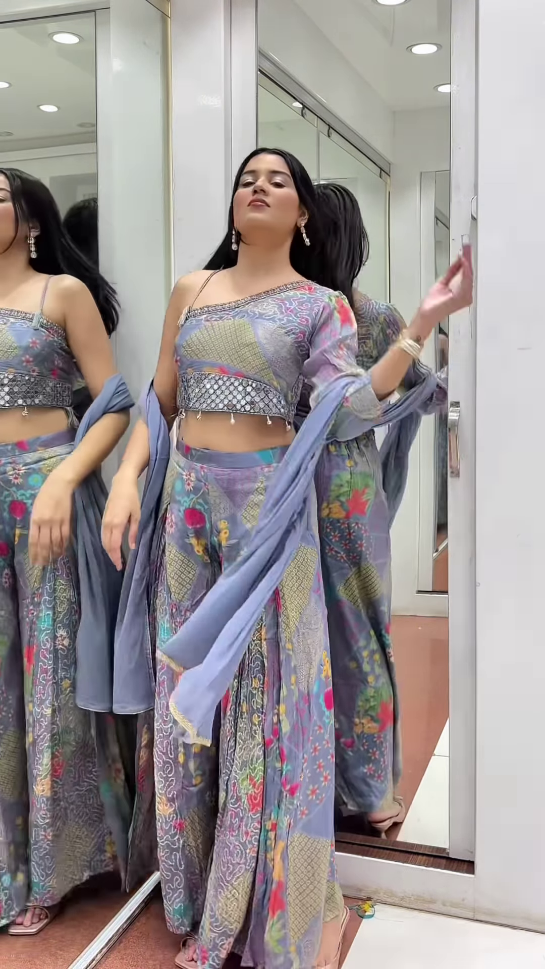 ๐ธ Vibrant Floral Print Palazzo Suit with Mirror Embellishments & Dupatta ๐