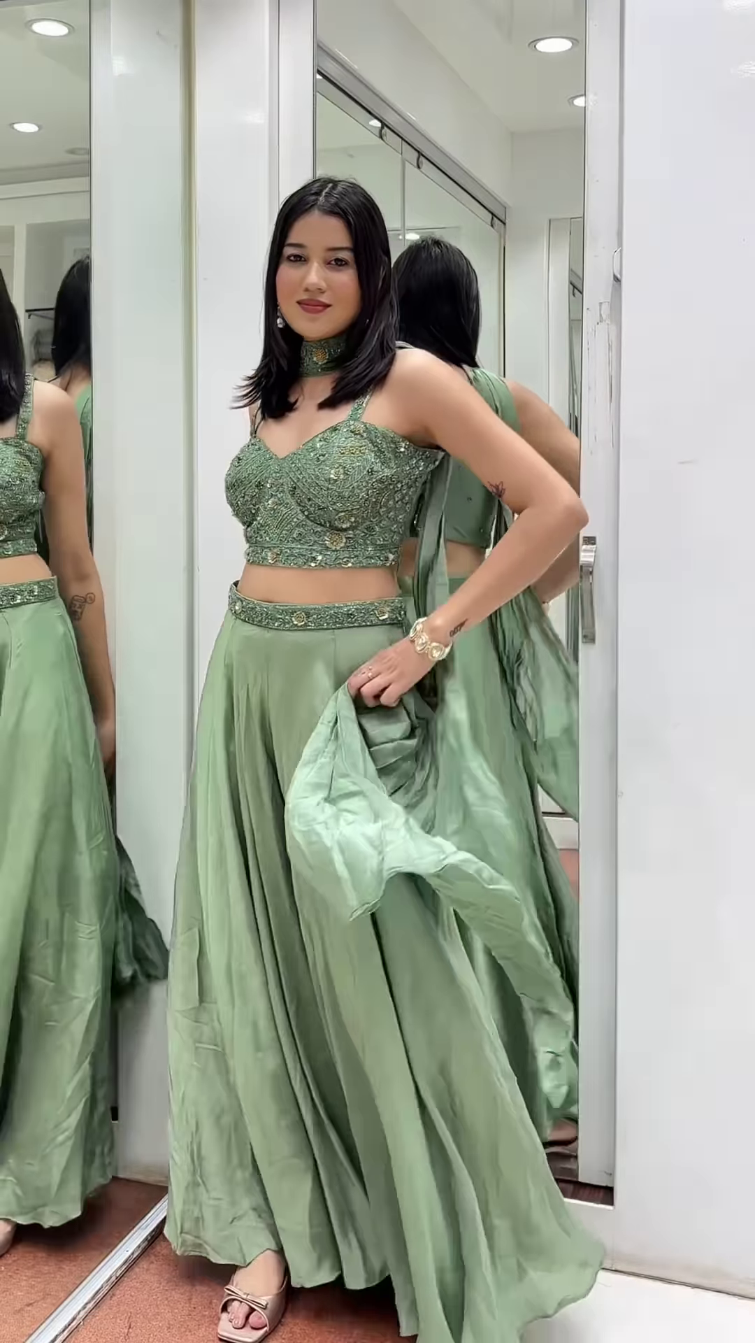 ๐ฟ Ethereal Sage Green Embellished Crop Top & Flowing Palazzo Pants Set ๐