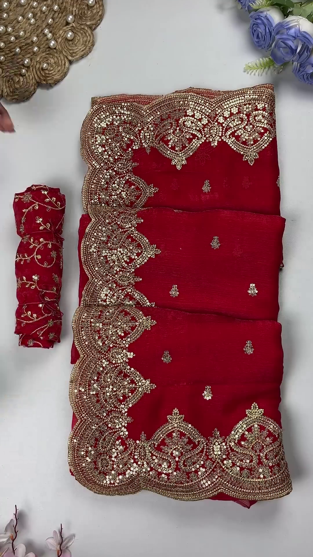 Ruby Red Georgette Saree with Heavy Scalloped Zari Border