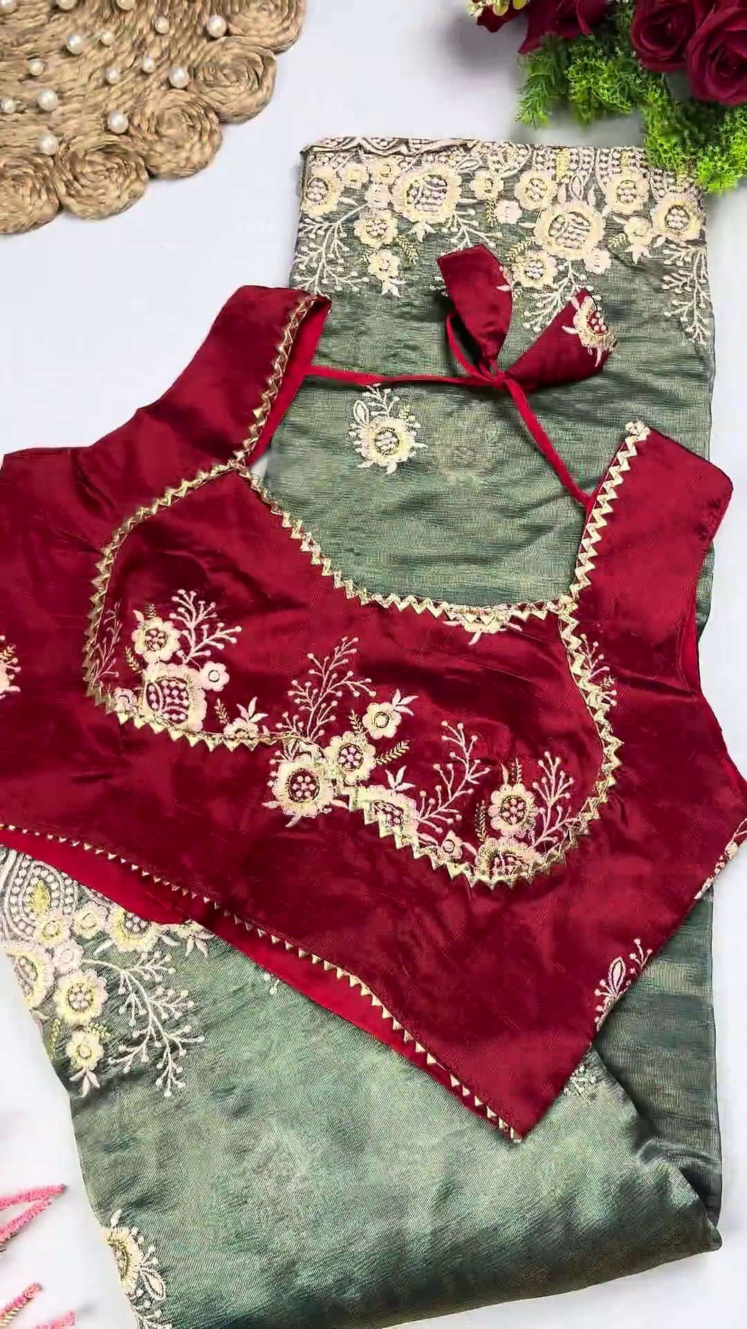 Maroon Velvet Heritage Blouse with Floral Zari and Scalloped Metallic Saree Set