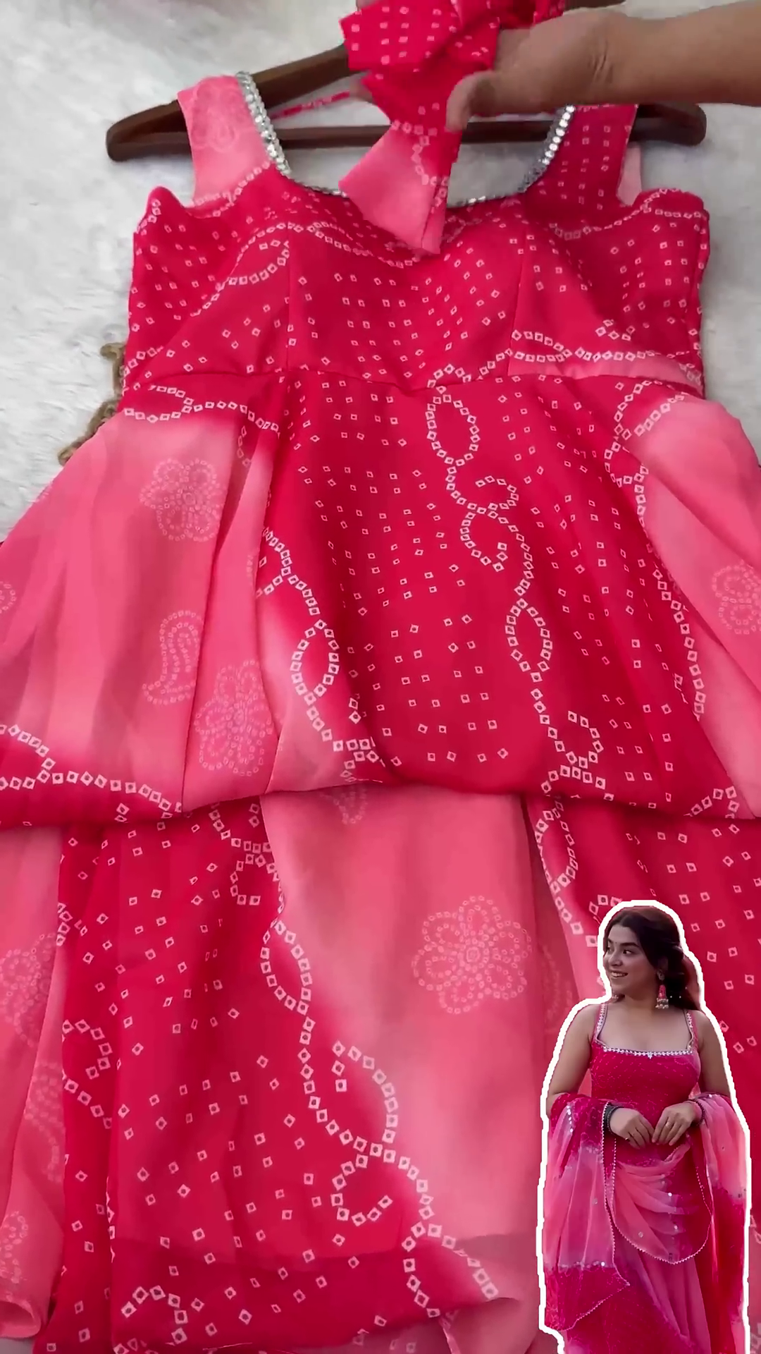 Rani Pink Bandhani Tunic with Mirror-Work Trim and Organza Dupatta