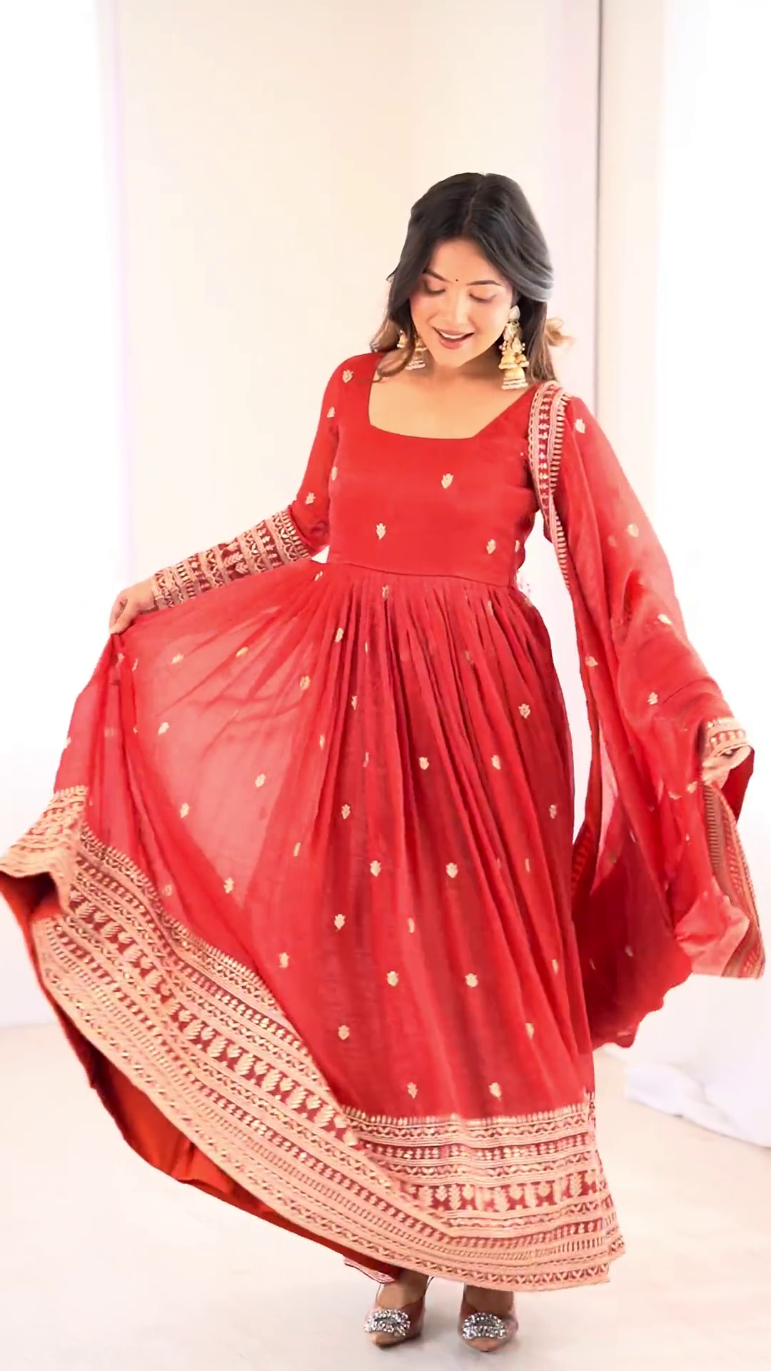 Crimson Red Silk-Blend Anarkali with Concentric Geometric Zari Border