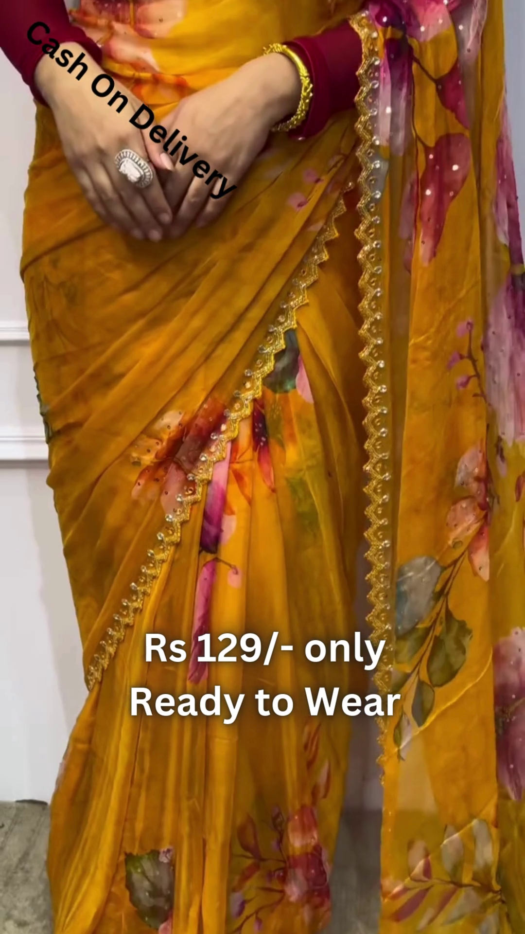Golden Ochre Chiffon Saree with Painterly Floral Blooms