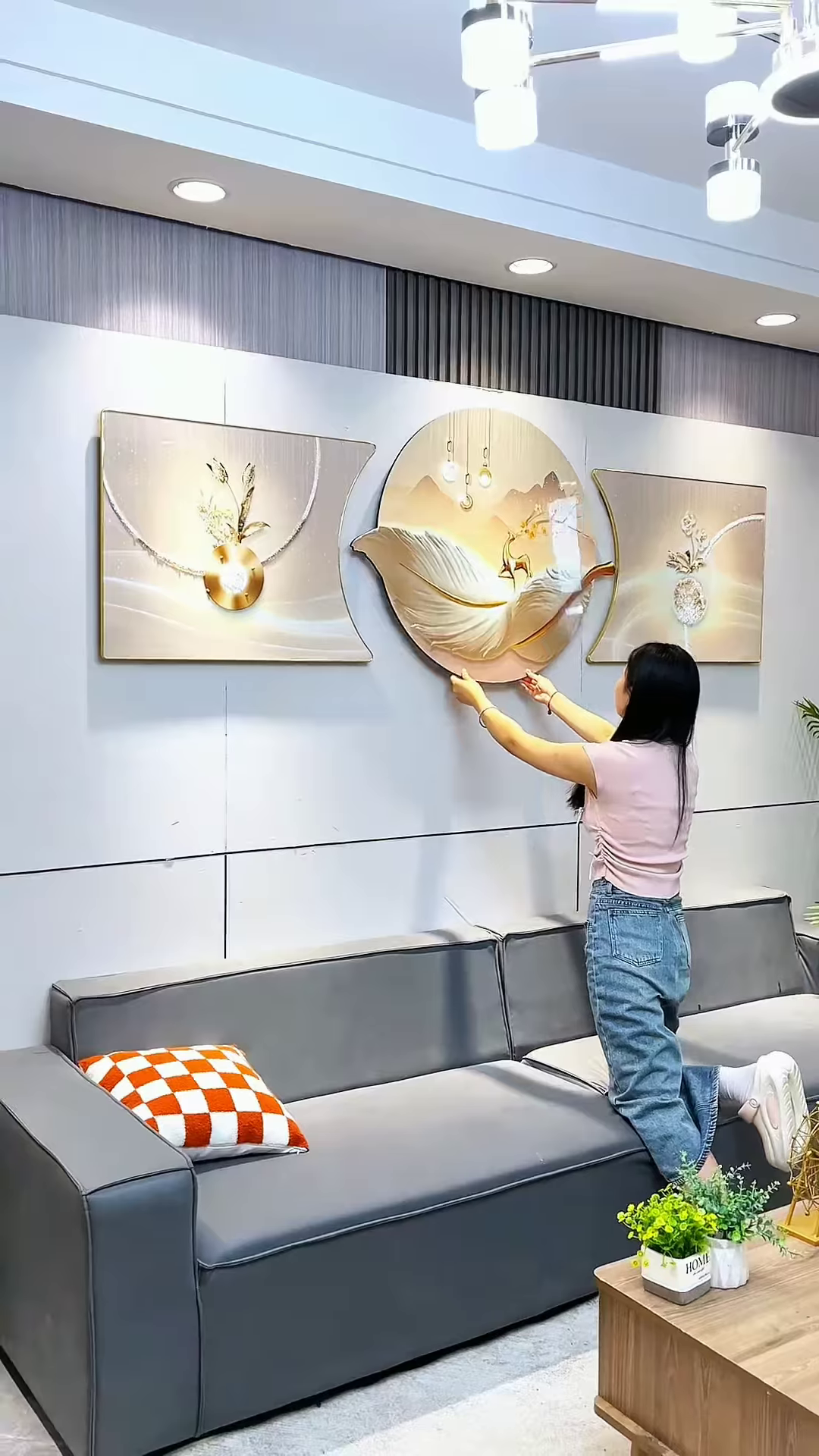 Luxury 3-Piece Modern Wall Art Set with Gold Feather and Nature Motifs - High-Gloss Crystal Finish Home Decor