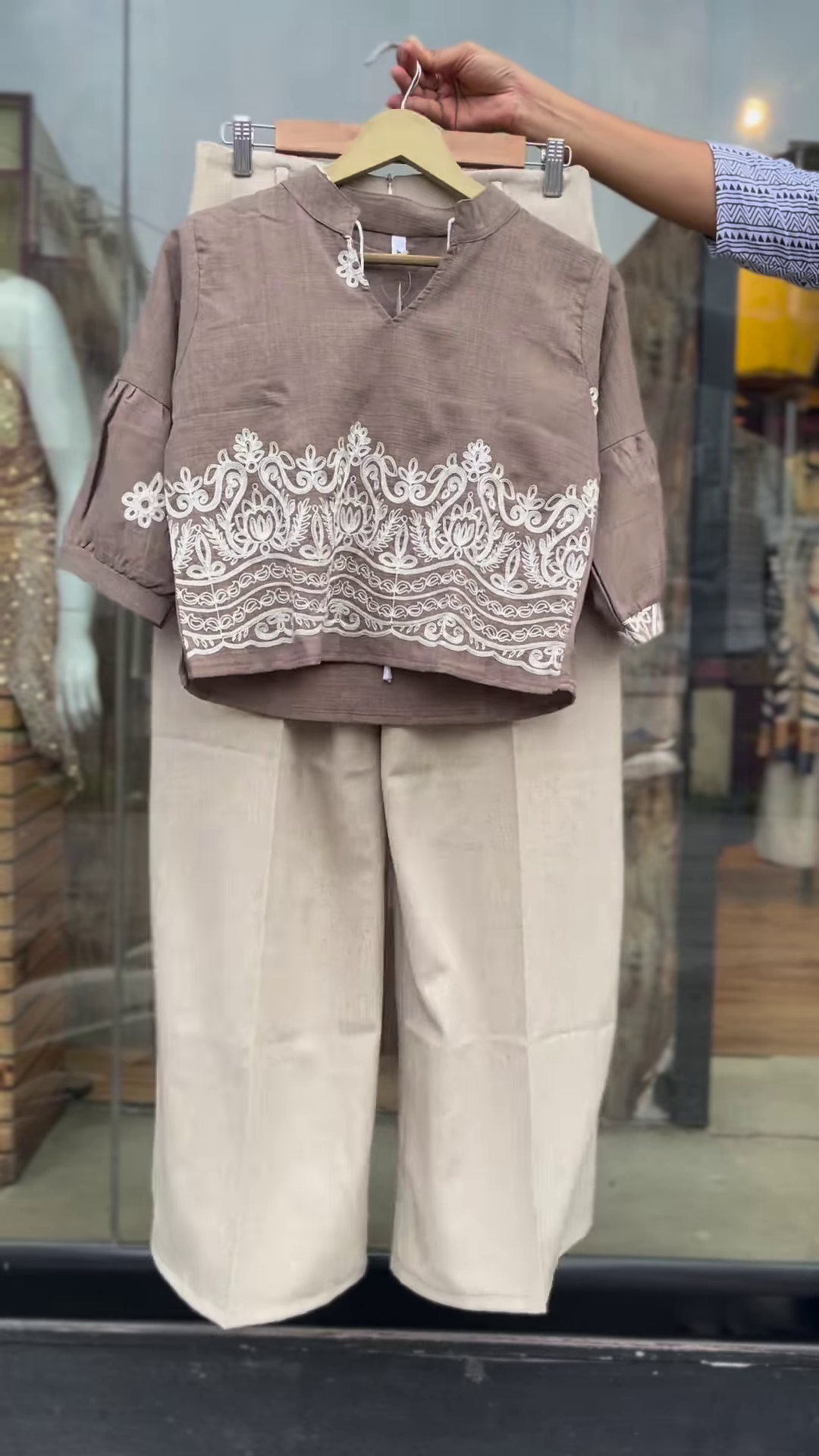 Elegant Taupe Co-ord Set with White Embroidered Details – Women’s Casual Chic Outfit