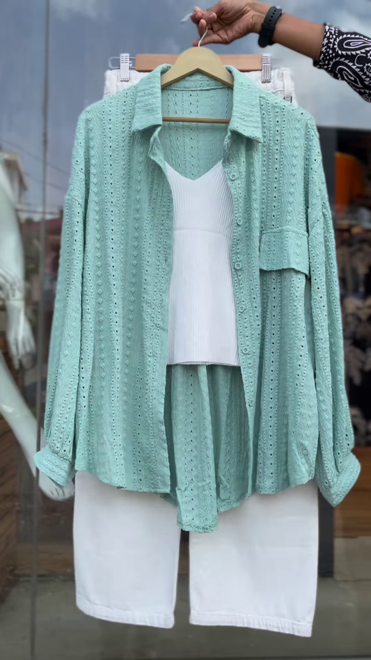 Breathable Eyelet Co-ord Set in Mint Green – Stylish Women’s Shirt, Top & Shorts Trio