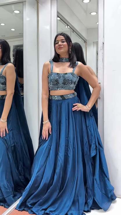 💙 Dazzling Teal Embellished Crop Top & Flowing Skirt Ensemble 🌊