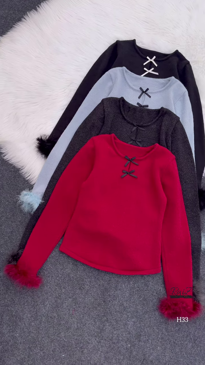 Fur-Cuffed Bow Detail Sweaters 🧥 Available in Black, Light Blue, Dark Grey, Red & Cream