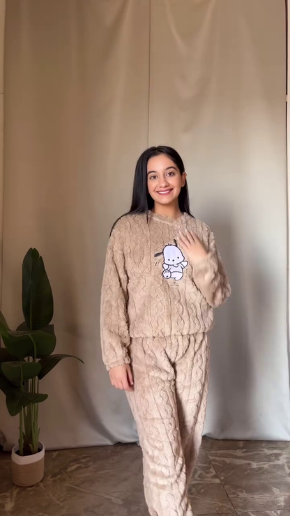 Fluffy Cartoon Co-ord Set 🐾 White Top & Blue Pants – Ultra Cozy Loungewear