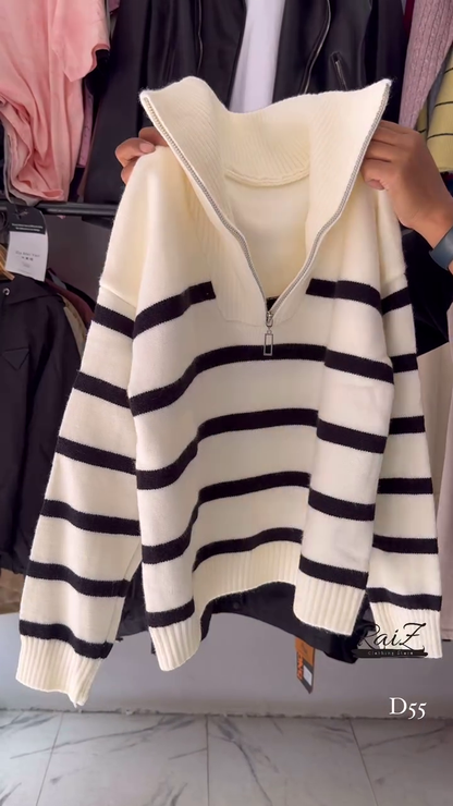 Striped Knit Sweater Collection 🧶 Half-Zip & Crew Styles – Cream, Blue, Red & More