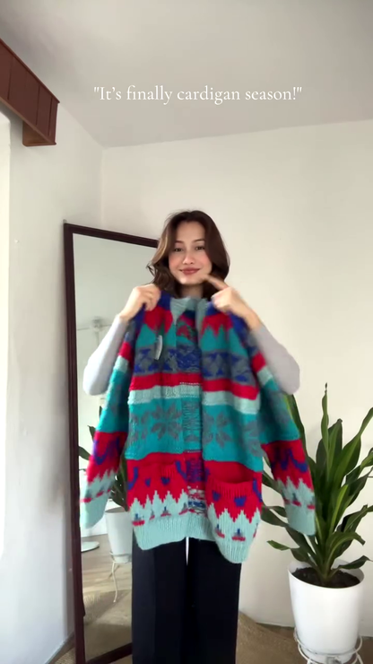 Multicolor Patterned Cardigan 🧥🍂 – Bold Knit Layer in Blue, Red & Teal with Seasonal Styling