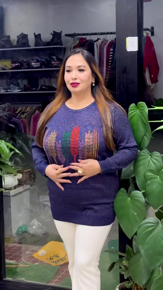 Feather-Embroidered Knit Sweaters 🪶🧥 – Black, Navy & Red Variants with Colorful Vertical Motifs