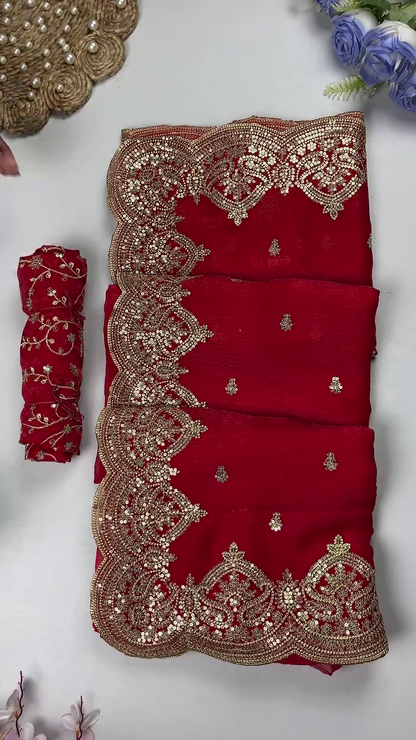 Ruby Red Georgette Saree with Heavy Scalloped Zari Border