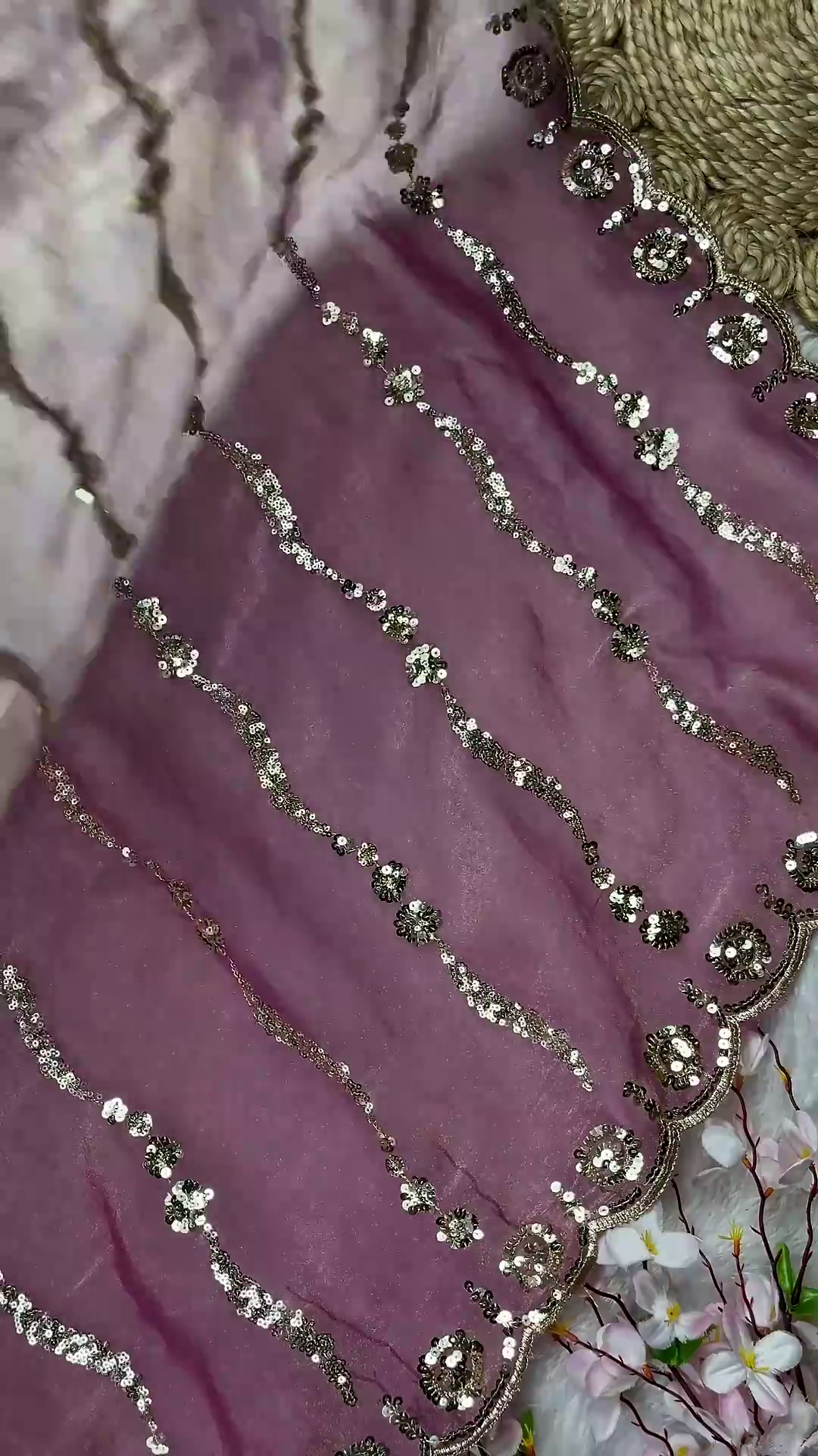 Mauve Pink Designer Blouse with Vertical Sequin Trails and Scalloped Hem