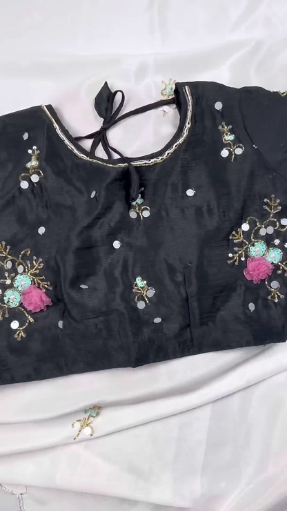 Midnight Black Silk Blouse with 3D Floral Appliqué and Sequin Accents