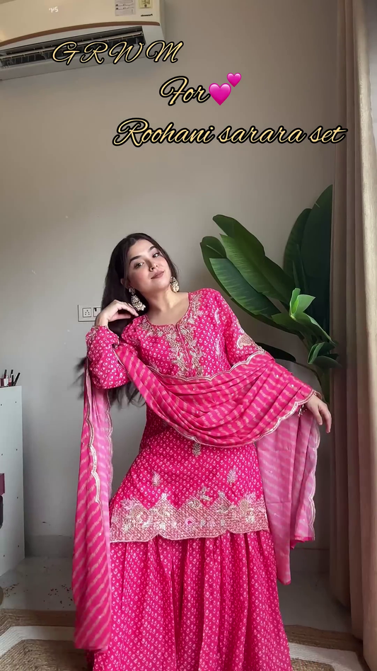 Rochani Pink Bandhani Sarara Set with Zari Embroidery
