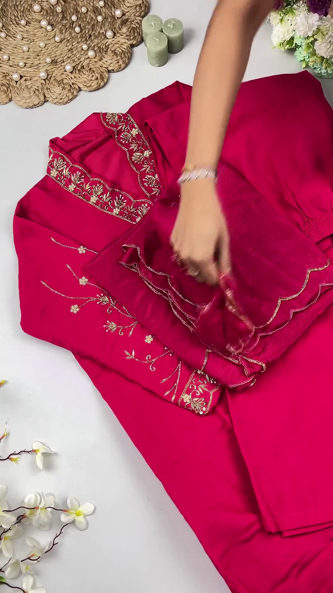 Ruby Red V-Neck Co-ord Set with Scalloped Zari Embroidery
