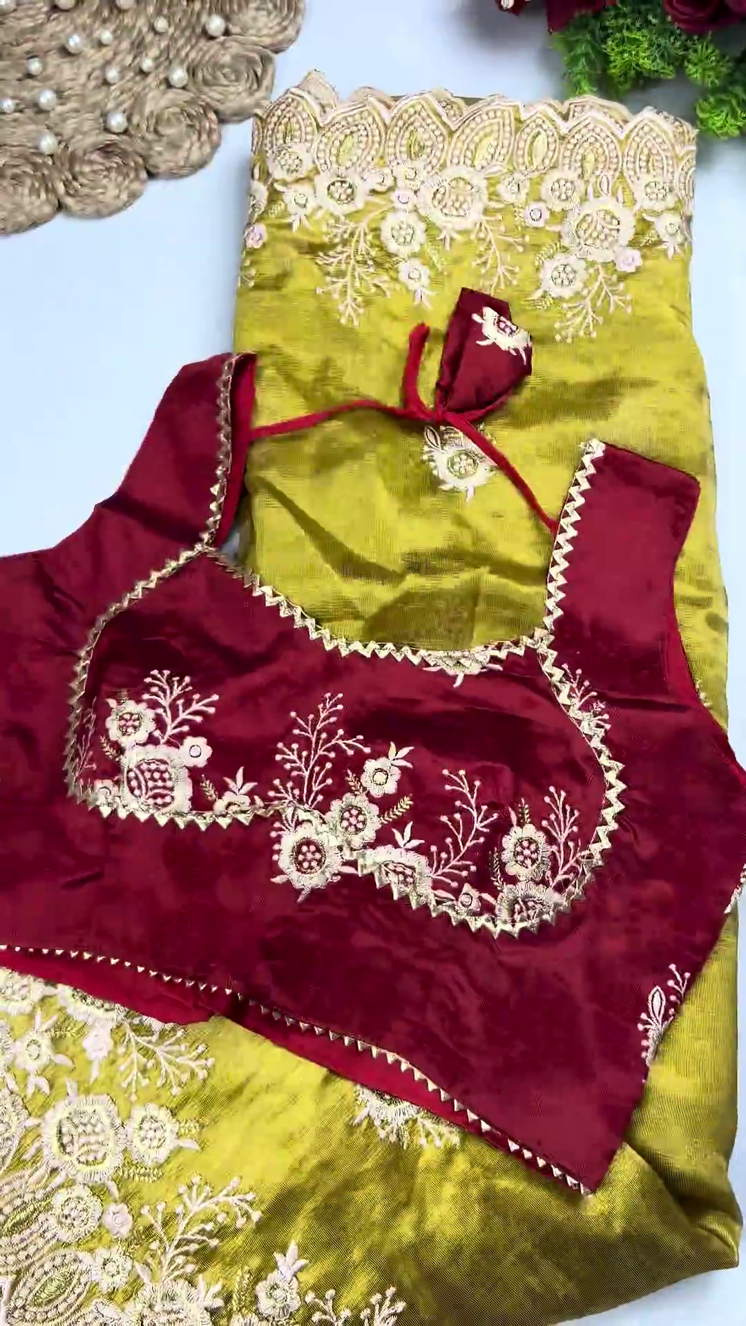 Maroon Velvet Heritage Blouse with Floral Zari and Scalloped Metallic Saree Set