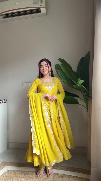 Sunlight Yellow Georgette Anarkali Suit with Scalloped Embroidery