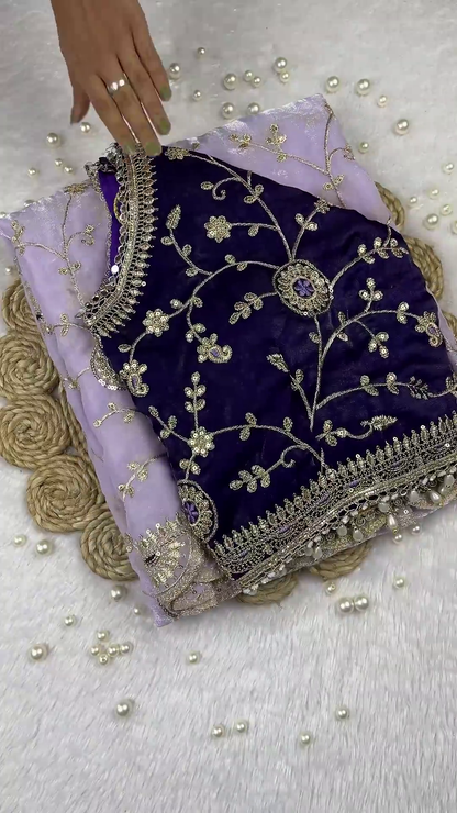 Royal Purple Velvet Blouse and Lavender Shimmer Saree Set