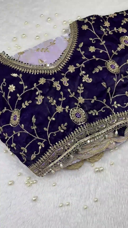 Royal Purple Velvet Blouse and Lavender Shimmer Saree Set