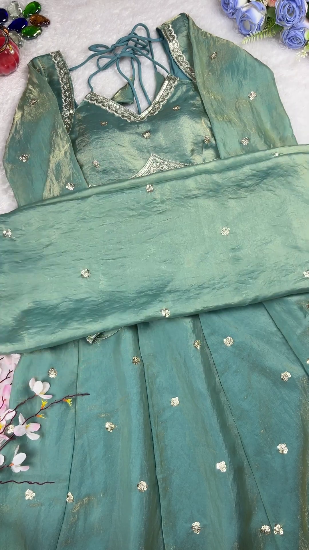 Sage Green Shimmer Silk Anarkali with Scalloped Zari Borders