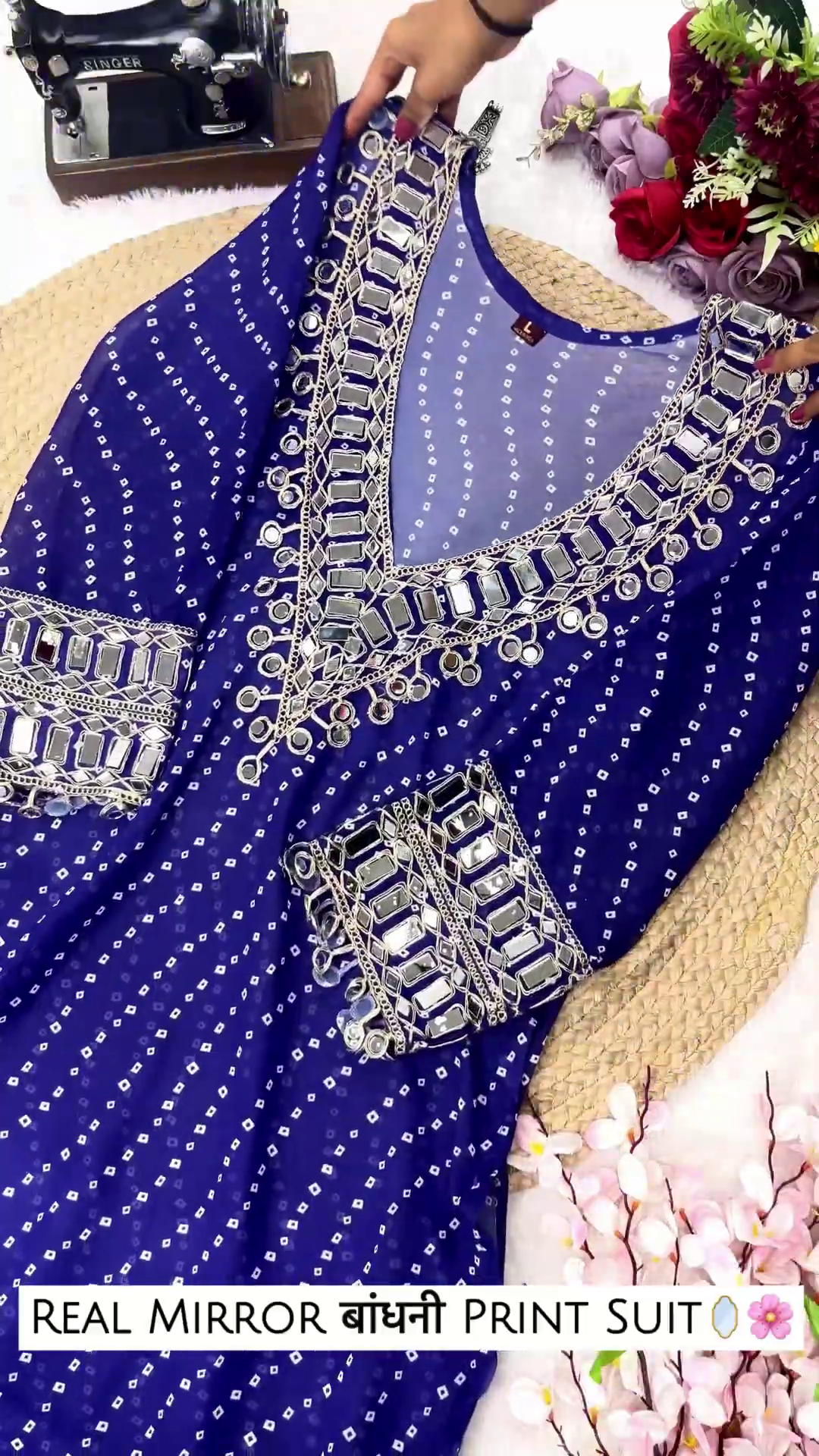 Bandhani Georgette Anarkali Suit with Geometric Mirror Work