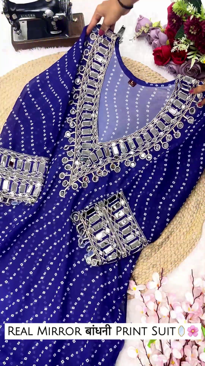 Bandhani Georgette Anarkali Suit with Geometric Mirror Work