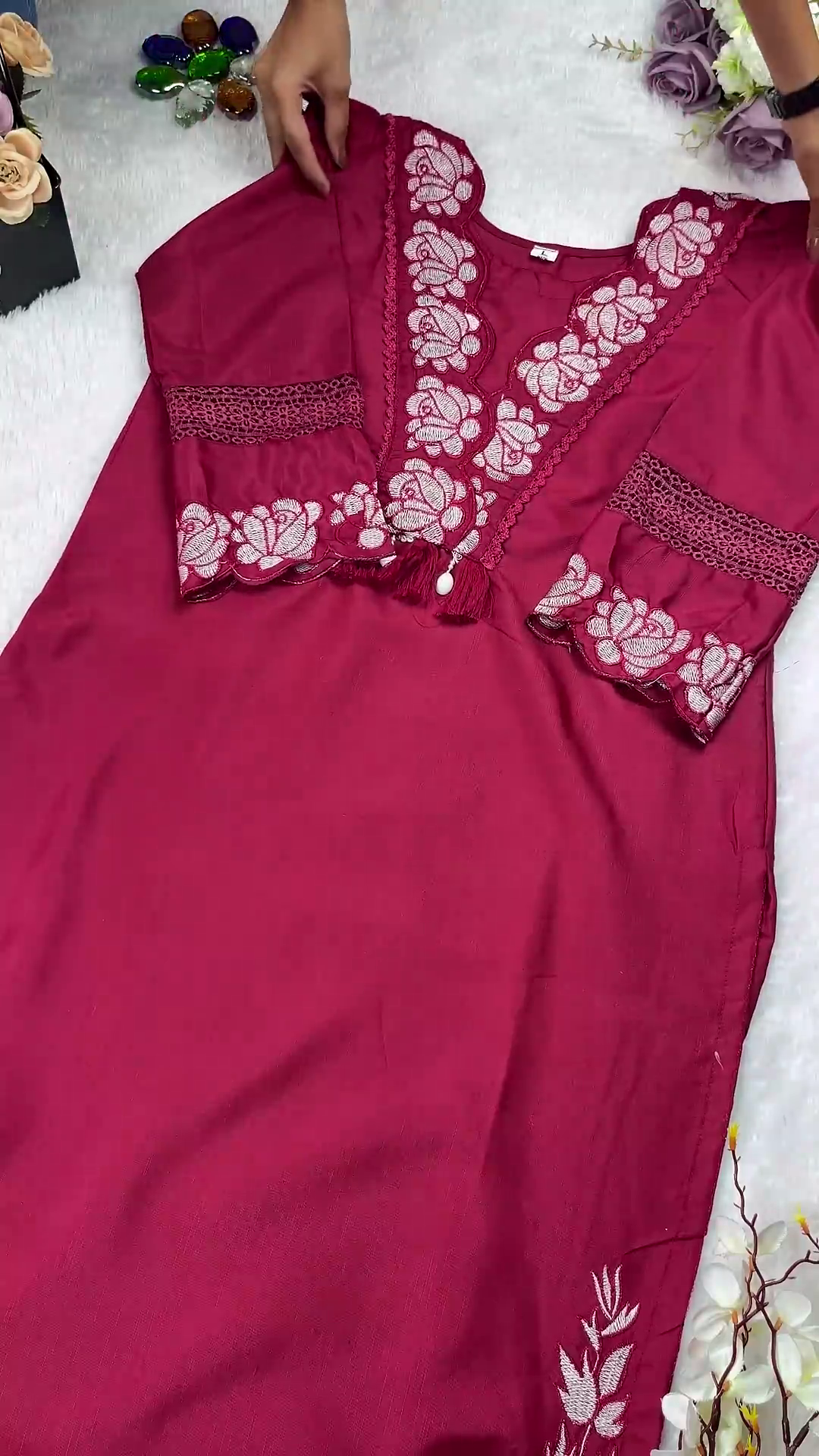 Embroidered Rose Silk Kurti with Lace-Trimmed Cuffs and Tassels