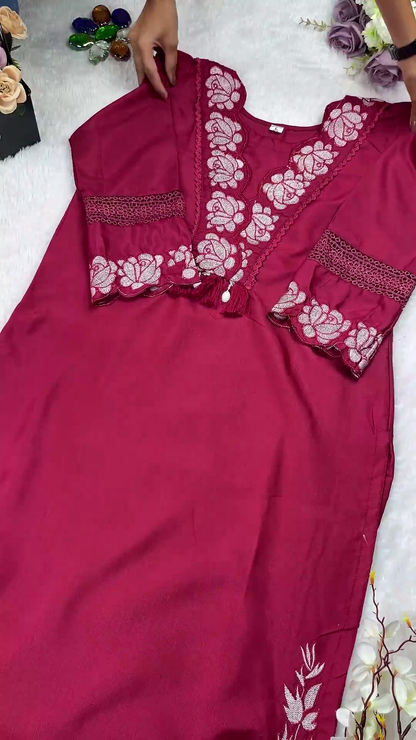 Embroidered Rose Silk Kurti with Lace-Trimmed Cuffs and Tassels