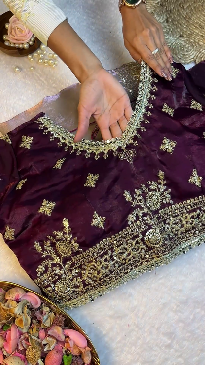 Royal Purple Velvet Blouse and Peach Shimmer Saree Set