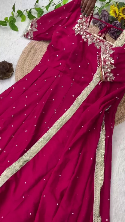 Floral Zari Embroidered Silk Anarkali with Sequin Buttis