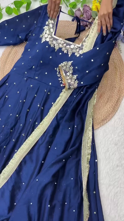 Floral Zari Embroidered Silk Anarkali with Sequin Buttis