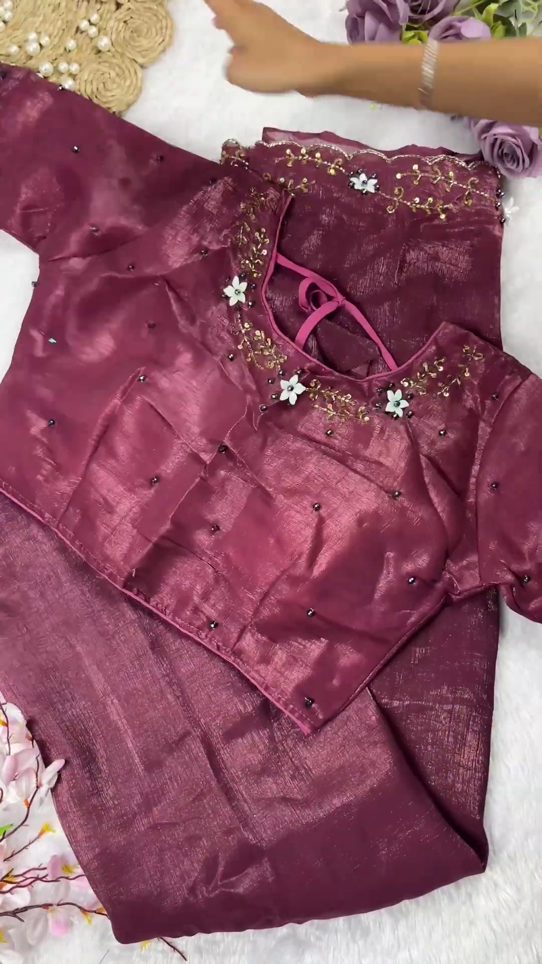 Shimmer Silk Tunic and Saree Set with 3D Floral Neckline