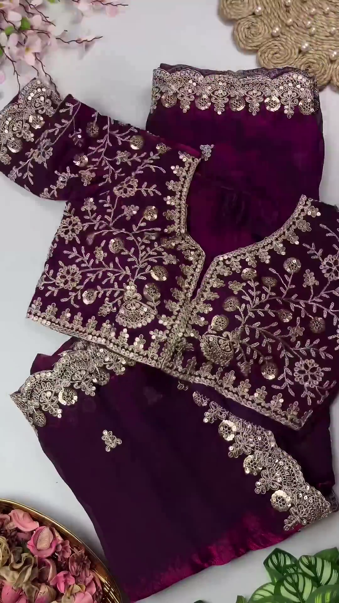 Jewel-Toned Silk Heritage Blouse and Scalloped Saree Set