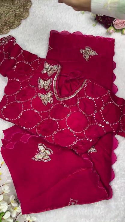 Jewel-Toned Shimmer Blouse with 3D Butterfly Appliqués and Scalloped Saree Set