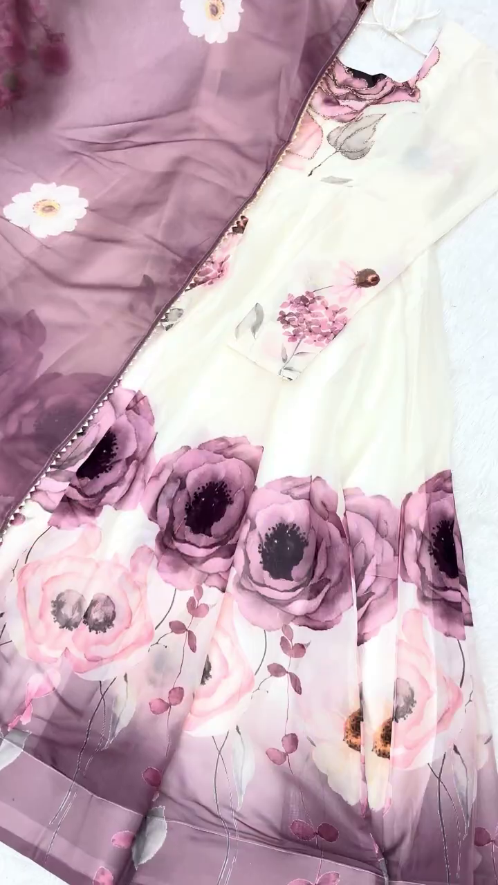 Ivory Floral-Print Organza Gown with Lavender Accents