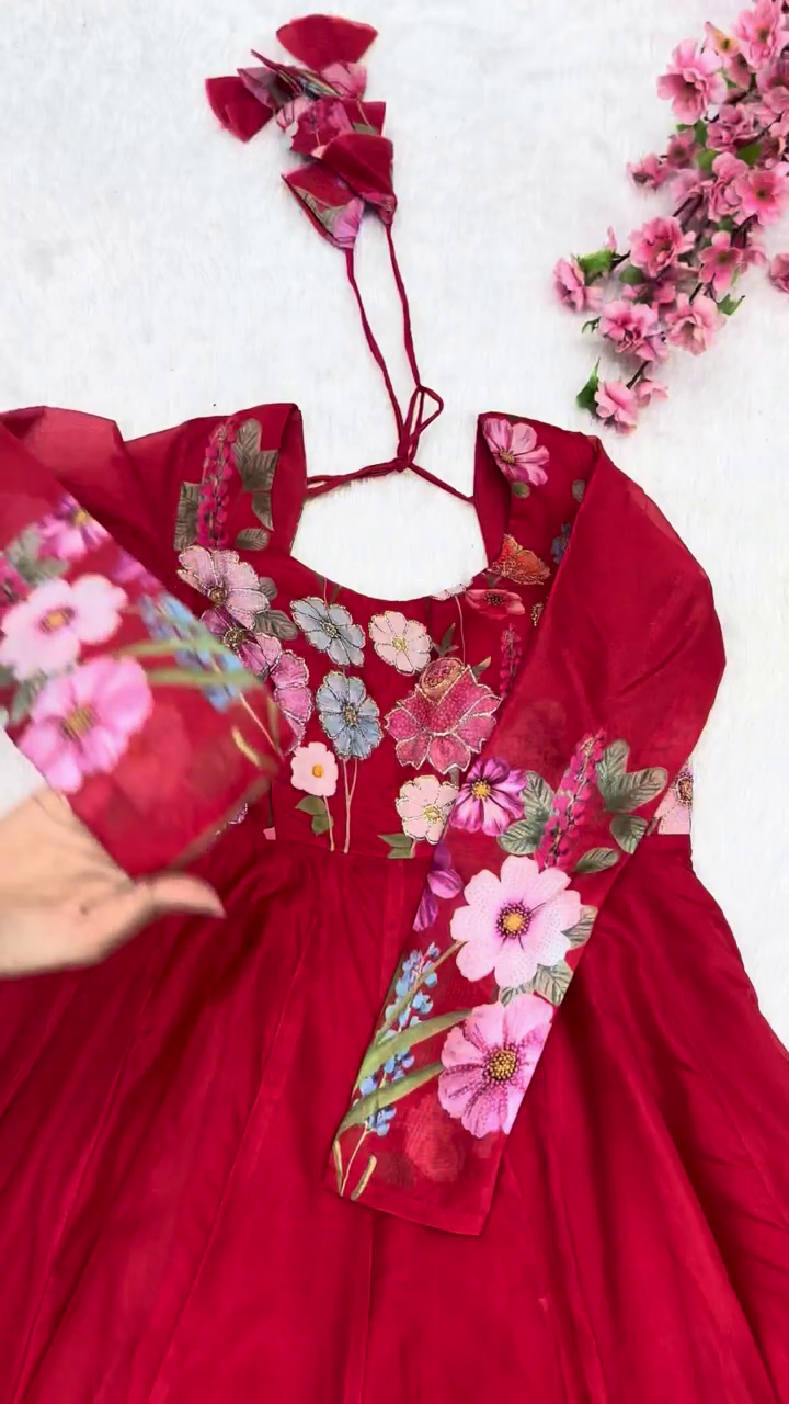 Vibrant Crimson Georgette Anarkali with Botanical Floral Accents