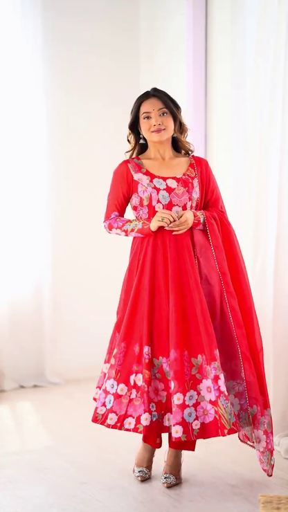 Vibrant Crimson Georgette Anarkali with Botanical Floral Accents