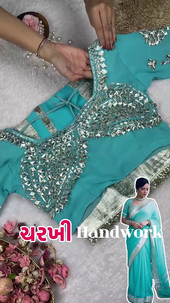 Sky Blue Silk Blouse with Half-Moon Geometric Mirror Mosaic