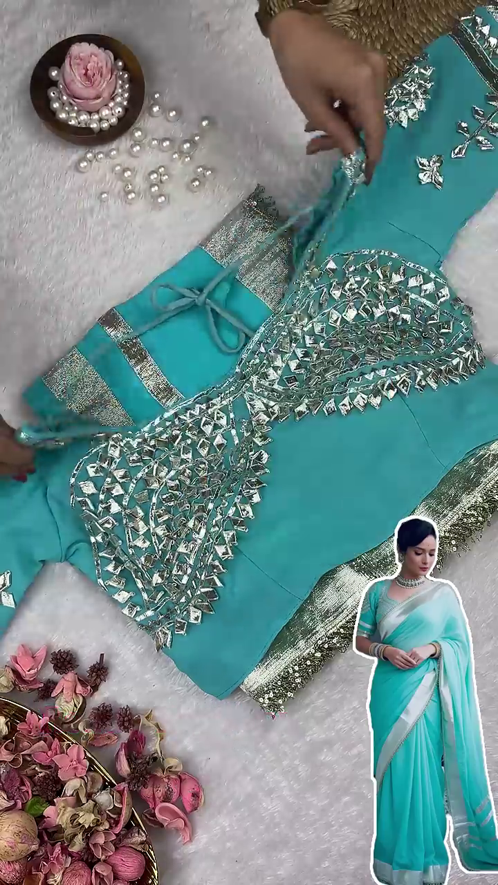Sky Blue Silk Blouse with Half-Moon Geometric Mirror Mosaic
