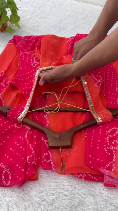 Crimson and Orange Ombre Bandhani Gown with Gota-Patti Neckline
