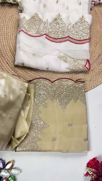 Ivory Shimmer Organza Saree with Scalloped Sequin Borders