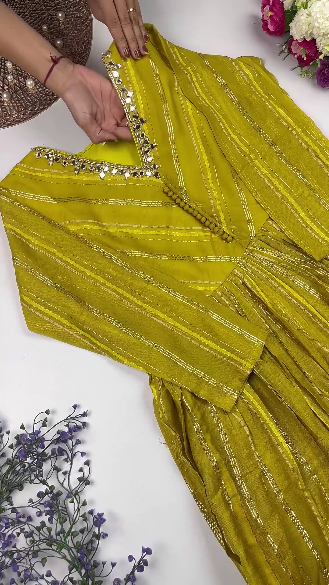 Jewel-Toned Gown with Lurex Stripes and Mirror-Work V-Neck