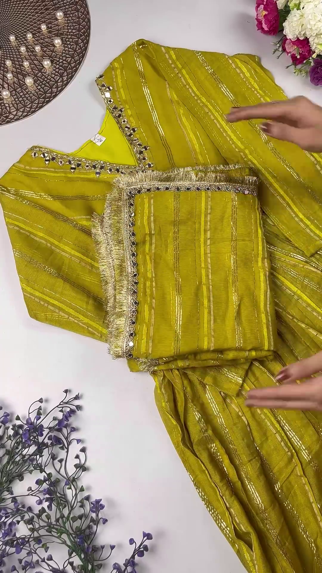 Jewel-Toned Gown with Lurex Stripes and Mirror-Work V-Neck