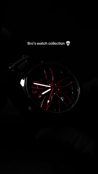High-Performance Car Rim Hub Watch – Waterproof Quartz Timepiece with 3D Rotating Wheel Face & Red Brake Caliper