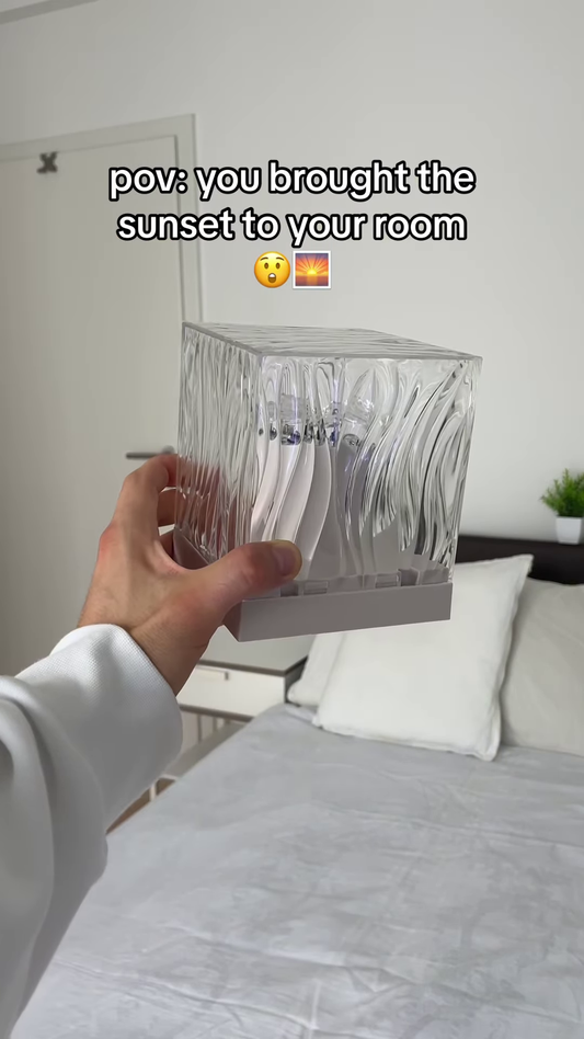 Dynamic Ocean Ripple & Sunset Projector Lamp – Luxury Crystal Cube Night Light with Rotating Water Wave Effects