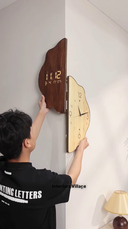 Luxury Cloud-Shaped Wooden Corner Wall Clock – Artistic 90-Degree Dual-Display Analog & Digital Hybrid